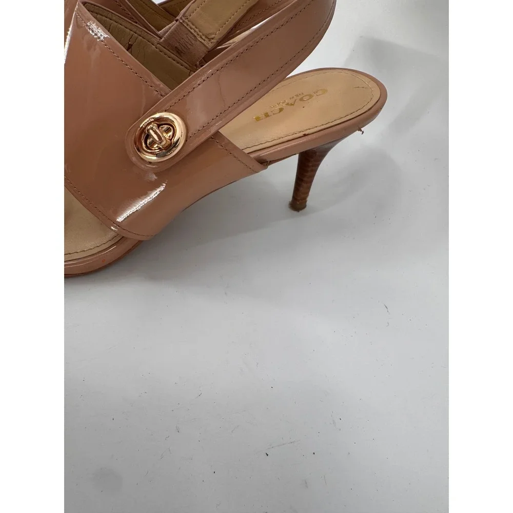 Coach Slingback Sandals Women 10B Tan Patent Leather Turnlock Kitten Heels Read